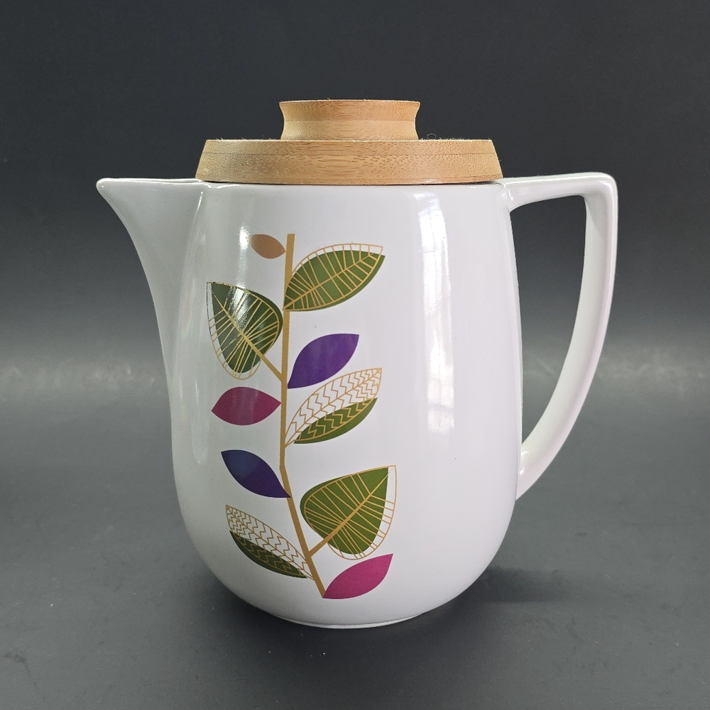 Coastal Cocktails MCM Retro Ceramic Teapot Cocktails Floral Leaves Bamboo Lid